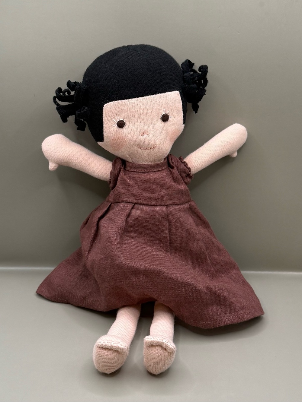 Hazel Village Nell Doll Plush Black Brown Hair Brown Dress Plush Lovey Toy